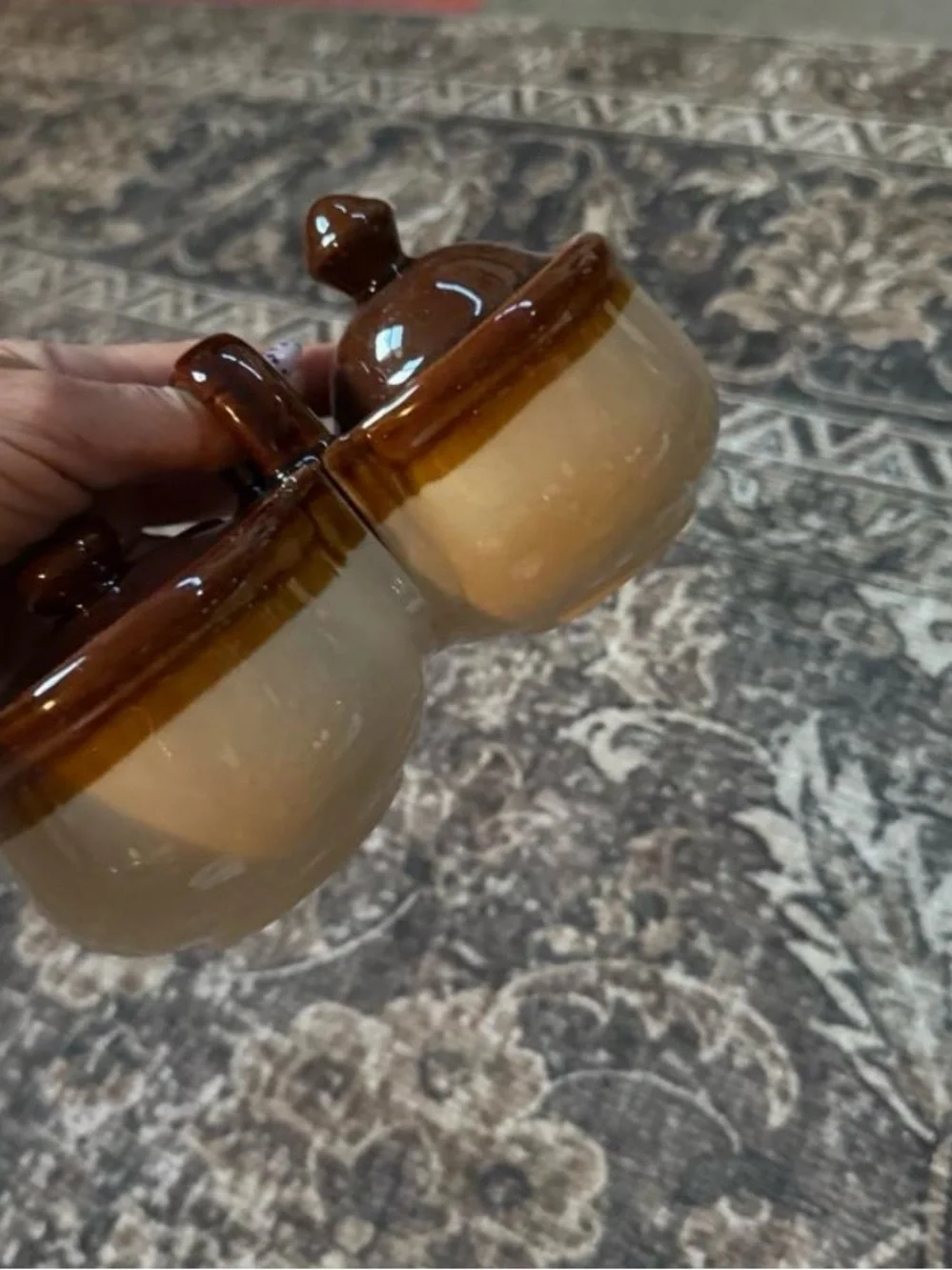 Vintage Brown & Tan Stoneware Double Condiment Jar Set w/ Lids & Handle
